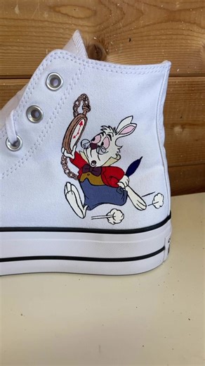 The hurrier I go the behinder I get! White platform high top converse hand-painted with a Disney style White Rabbit from Alice in Wonderland. #whiterabbit #aliceinwonderland #converse #platformshoes #customshoes