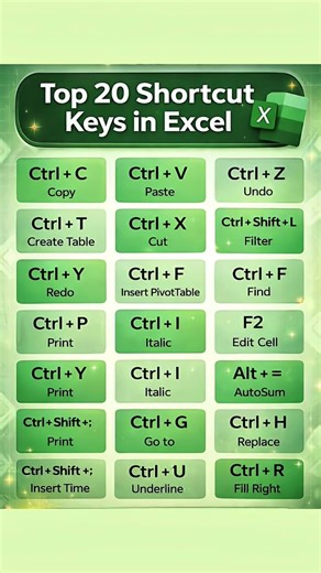 ⌨️ Top 20 Shortcut Keys in MS Excel | Work Faster Like a Pro!