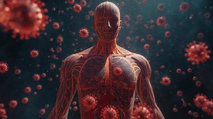 Zooming camera revealing CGI anatomy model in studio, showing vascular network and floating viruses | Premium Stock Video Footage