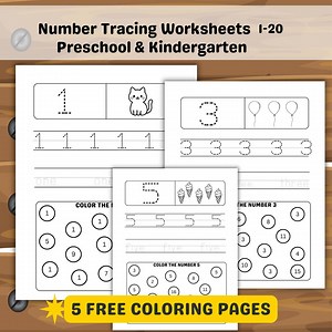 Number Tracing Worksheets 1-20 | Preschool, Kindergarten, and 1st Grade Handwriting Practice   5 Bonus Coloring Pages (digital Download) - Etsy Canada
