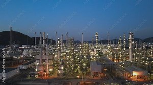 Refinery - chemical factory at night with buildings, pipelines with lighting - industrial plant