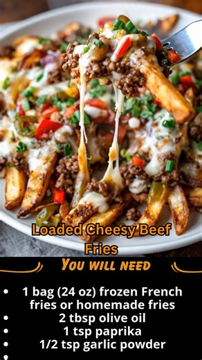 17K views · 139 reactions | Loaded Cheesy Beef Fries Crispy golden fries piled high with seasoned ground beef, gooey melted cheese, fresh tomatoes, peppers, and green onions — the ultimate comfort food for sharing (or not!). | Sophia’s Easy Recipes | Facebook