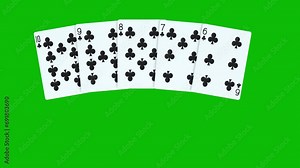 A poker hand consisting of Straight Flush Clubs, with cards thrown on green screen 3D animation, animated poker cards, dealing poker cards animation. winning poker hand combinations Stock Video
