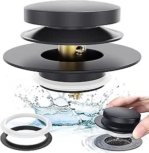 Matte Black Universal Tip Toe Tub Stopper Replacement, Pop Up Bathtub Drain Stoppers, Bathroom Bath Tub Drains Plug, Replaces Lift and Turn, Tip-Toe and Trip Lever drains for Tub, Easy Install