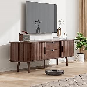 55" Mid Century Modern TV Stand with Drawer and Storage Shelve, fits 32" to 60" TV. Wood Entertainment Center for Living Room, Bedroom, Farmhouse Curved Round Edge TV and Media Console Table, Walnut