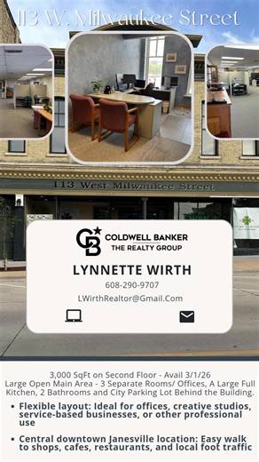 📢 NOW LEASING – AVAILABLE 3/1/26 🌟 Downtown Janesville Commercial Space (Upstairs Unit) 📍 113 W. Milwaukee St | MLS #2013499 Looking to elevate your business in 2026? This charming second-floor commercial suite is available for rent starting March 1, 2026! It is right in the heart of historic downtown Janesville. ✨ Ideal for: ✔️ Creative Studios ✔️ Boutique Offices ✔️ Wellness Services ✔️ Solo Entrepreneurs or Small Teams Features include: 🔹 Prime downtown location with walkability and visib