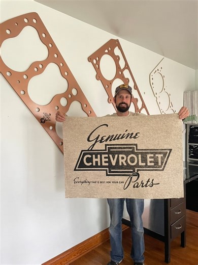 3.8K views · 75 reactions | I printed 5 of my vintage style Genuine Chevrolet Parts felt banners this weekend. They are $45 each and I can ship to you at no cost. 24”x36” in size. There’s a loop sewn in the top for easy hanging. Message me to reserve one. #hotrod #hotrodsandmusclecars #smallblockchevy #garageart #garage | Shaun Lafferty | Facebook