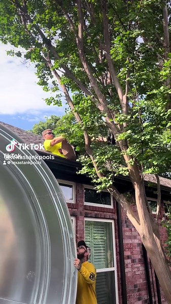 Going above (literally) and beyond to roll this pool back into her place! We prefer a clear path to bring your tank in but always ready for a challenge 😎 #stocktankpool #texastankpools #smallbusiness