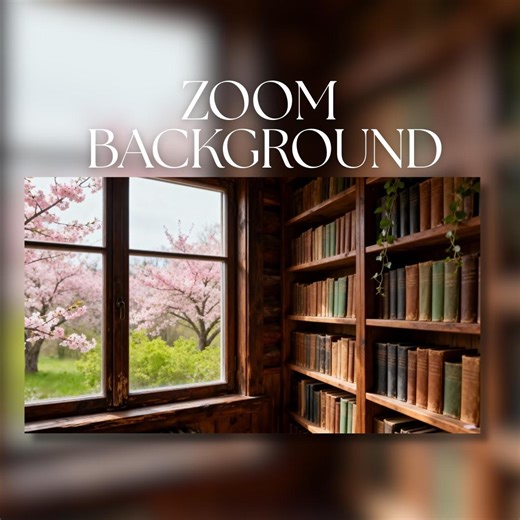 Zoom Background | Cozy Spring Library With Wooden Bookshelves & Blossom Tree Window | Zoom Video Call Backdrop | Digital Download | ZB7 - Etsy