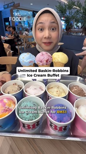 KL Foodie on Instagram: "Enjoy unlimited scoops at Baskin-Robbins 31 Flavors Buffet 🍨 📅 23–27 Feb 2026 ⏰ 7.00PM – 10.00PM *(last purchase 9.00pm)* 💰 Adults RM31 | Children RM15 (below 12) All-you-can-eat ice cream, come hungry! **Available at all outlets nationwide (except KidZania). Walk-in only — no pre-booking required (first-come, first-served basis). No sharing & no takeaway allowed."