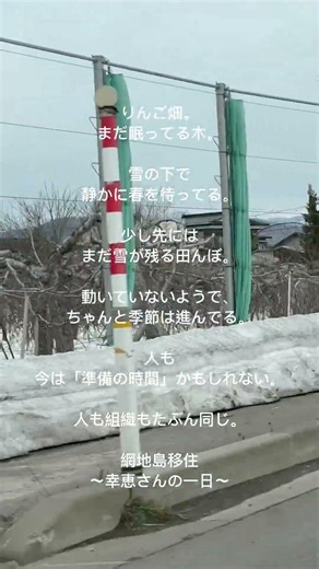網地島移住〜幸恵さんの一日〜青森で八戸へ向かう途中、りんご畑と雪の田んぼに気づく。止まって見えても季節は進んでる。人も同じで今は準備の時間かもしれない#網地島#川村幸恵#ブレイントレイン東北 #NLP