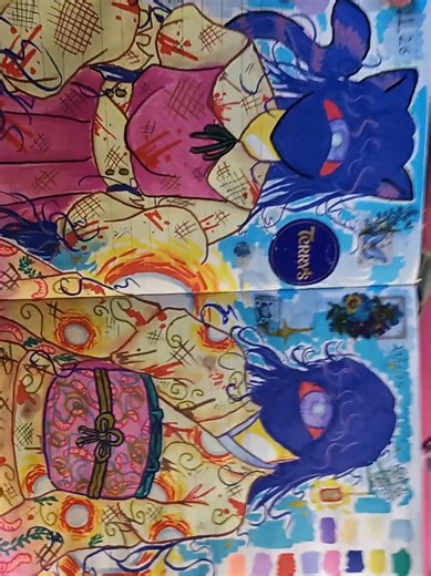 CAT NANOO AND NANOO IN A KIMONO!!! im using this notebook my nannas friend gave me for this sketchbook! i ahve about 3 brandnew sketchbooks just waiting around. i will say i did slave away doing the diamons painting bit on the front for like 10 hours a acouple months ago just so it was ready for me.... and yes my whole house is required to hoard terrys chocolate orange stickers for me for when i draw nanoo. sometimes the company accidently puts 2 stickers on one chocolate orange it makes me SO H