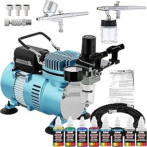 Master Airbrush Cool Runner II Air Brush Kit with Air Compressor Dual Fan, Gravity & Siphon Feed Airbrush Set, 6 Color Acrylic Paints Primary Opaque Colors, How-To Guide Manual