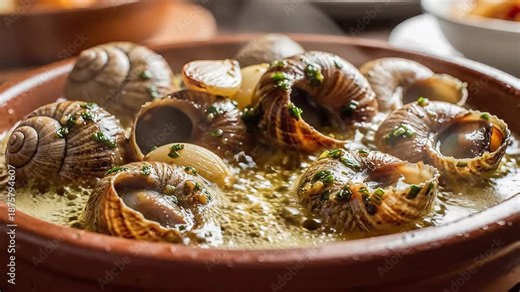 Delicious traditional French escargots served in their natural shells generously coated in a rich garlic butter and parsley sauce presented as a gourmet appetizer in a rustic ceramic dish highlightin.