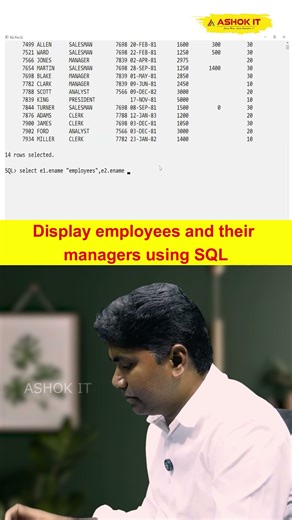 👉 How do you display employees along with their managers using SQL? | Ashok IT #sql #coding #java