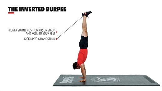 Rolling from a supine position into a controlled handstand, the inverted burpee requires more control than its traditional, downward-facing counterpart. #crossfit | CrossFit