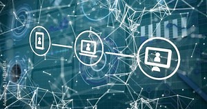 Animation of communication device icons over network of connections Stock Video