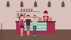 seller in cinema shop customers with popcorn animation hd