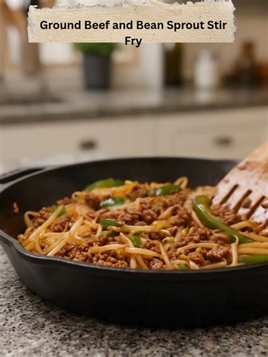Ground Beef and Bean Sprout Stir Fry This easy ground beef and bean sprout stir fry comes together in one skillet with a savory homemade sauce, crisp vegetables, and plenty of flavor. It's a fast weeknight dinner that delivers takeout-style taste using simple ingredients you probably already have on hand. Ingredients 1 pound ground beef 1 tablespoon vegetable oil 1 green bell pepper, sliced into strips 1 small onion, thinly sliced 3 garlic cloves, minced 1 teaspoon freshly grated ginger 4 cups f