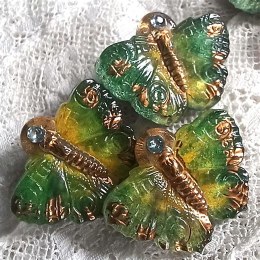 5 New Czech Glass Buttons 22mm Figural Reverse Painted Lacy Green, Yellow and Gold Butterfly With Blue Rhinestone - Etsy