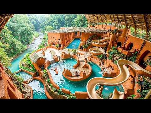 180 Days Building an Indoor Water Park with Natural Roof and Clay Pools Complex Using Primitive Tool
