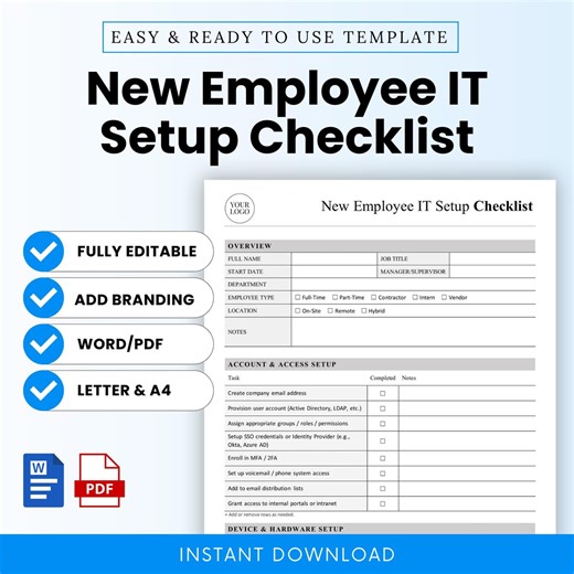 New Employee IT Setup Checklist Template – Word & PDF, A4   US Letter - Etsy