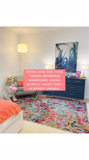 This tween bedroom needed some help but had some great pieces to start. So I created a design plan starting with the main pieces of furniture and artwork that my client wanted to keep. We didn’t buy a lot for this space. The floating shelves, lamps and some storage baskets were the new items. Everything else was brought in from the rest of the house. The main changes that were made in this room are a new layout, added lighting, a fresh coat of bright white paint and smart storage changes. It wen