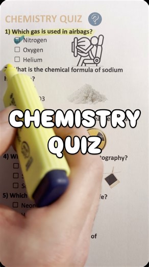 QuizMaster101 on Instagram: "Chemistry Quiz - Can you get 7/7? #chemistry #chemistrytest #chemistryquiz Answers Below Comment ‘quiz’ for an exclusive invite to our weekly quiz with cash prizes Which gas is used in airbags? Nitrogen What is the chemical formula of sodium hydroxide? NaOH Which element is used in nuclear reactors? Uranium Which compound is used in photography? Silver bromide Which element is essential for life? Carbon What is the chemical symbol of magnesium? Mg Which gas is used t