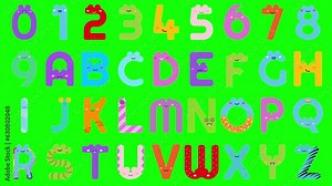 Fun and imaginative kids alphabet in bright colors, perfect for young minds, green screen 4k video animation. Colorful numbers and letters designed inspire creativity and learning for children.