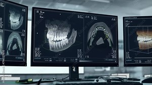 Using modern technology at the medical dental analysis center. Medical dental analysis of the damaged jaw. Medical dental analysis detecting worsening condition of patients teeth at the lab.
