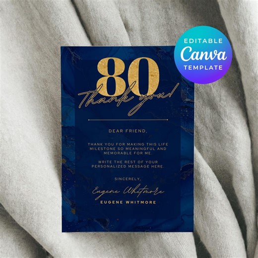 Blue And Gold Birthday Thank You Cards 80th Editable Canva Template Printable Note Cards Themed Texting E-card Instant Digital Download 8912