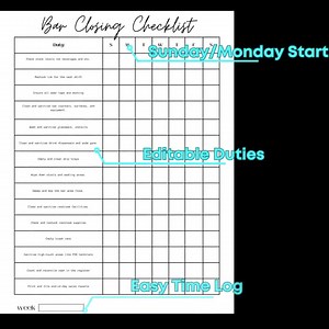Bar Cleaning Checklist Bar Closing Log Cleaning Chore List Bar Cleaning Log Bartender Checklist Template Bartender SOP Printable PDF Canva - Etsy