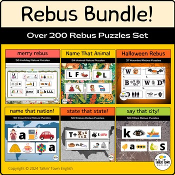 Rebus Puzzles Bundle: 200  Cities, States, Countries, Animals Brain Teaser
