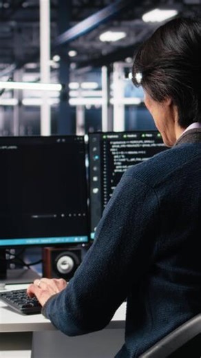 Vertical Administrator in high tech server hub coding with ML assistant. Employee using AI neural networks large language model technology, camera A