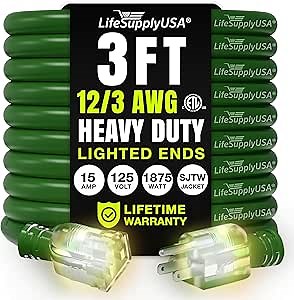 3ft Outdoor/Indoor Extension Cord 12/3 Gauge Extra Heavy Duty 3 Prong SJTW, Waterproof, ETL Listed, Flexible Cold-Resistant Long Power Cord,15A 125V 1875W, Green by LifeSupplyUSA