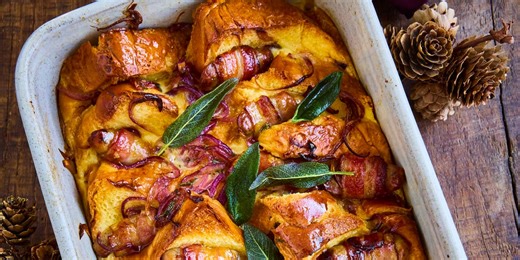 Salty pigs in blankets bread and butter pudding recipe with crispy sage and caramelised onions