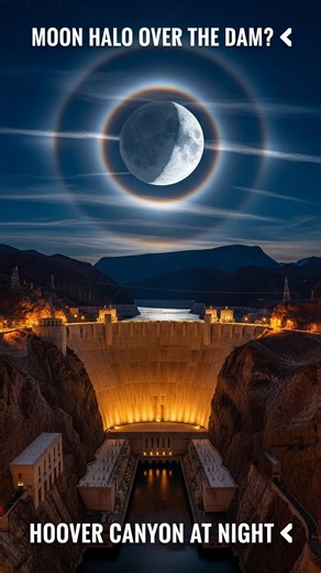 The moon pours itself into the canyon like liquid ice, a pale crescent wrapped in sapphire and ice-blue halos above Hoover Dam. Thin cirrus clouds drift 20,000 feet up, turning simple moonlight into concentric rings that hover over the water like a portal between pressure, stone, and sky. The reservoir below reflects fragments of the halo, so the geometry seems to float both above and beneath the surface. Concrete walls that usually hold back millions of tons of water suddenly feel small beside 