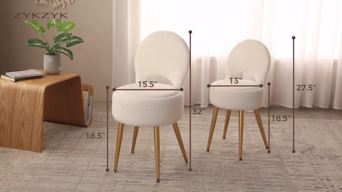 Small Vanity Stool Chair with Storage and Folding Back,4 Metal Legs with Anti-Slip Feet,Round Ottoman with Velvet Seat, Furry Padded Seat for Makeup, Bedroom (White, Small)