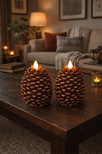 Flammenlose Kiefernzapfen-Kerzen 2er-Set, batteriebetriebene LED-Kerzen mit Timer, flackernde rustikale Echtwachskerzen für Urlaubs- und Innendekoration - Etsy.de