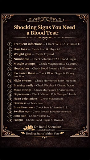 Dr Rahul Shendare | Mindful Coach on Instagram: "Shocking Signs You Need a Blood Test (Your body whispers before it screams) --- 📝 DESCRIPTION Your body doesn’t suddenly break down — it sends signals long before serious problems appear. Frequent infections, hair fall, fatigue, mood swings, dizziness… These aren’t random issues. They are messages asking you to look deeper. Blood tests are not about fear — they are about awareness, prevention, and self-respect. Mindfulness begins with listening. 
