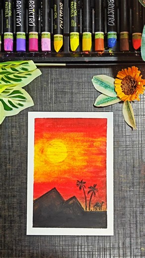 🌅 Desert Sunset Drawing with Camels | Easy Oil Pastel Art #art #drawing #success #shorts #ytshorts