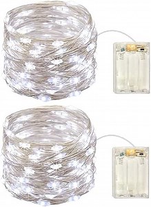 2 Pack Battery Operated Mini Lights,Indoor Led Fairy Lights with Timer 6 Hours on/18 Hours off for Wedding Party Decorations,50 Count Leds,17 Feet Silver Wire(Cold White)