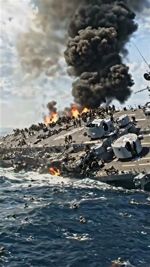 Aircraft carrier USS Franklin (CV-13) attacked during World War II, March 19, 1945.