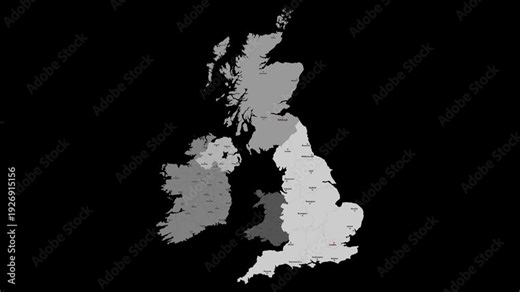 Vector map of United Kingdom with names of cities and with borders city