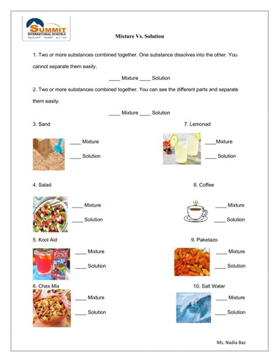 Mixtures & Solutions worksheet