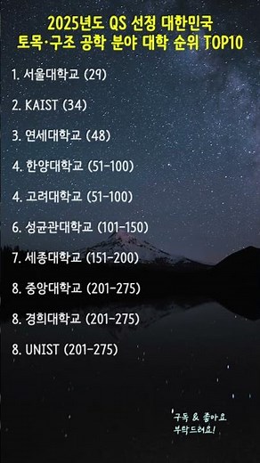2025년도 QS 선정 대한민국 토목·구조 공학 분야 대학 순위 TOP10 🏗️ #공대순위 #토목공학 #대학순위 #QS세계대학순위