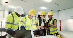 Engineering people, collaboration and technology for construction planning, floor plan and building design. Architecture group of men and women on laptop, tablet and blueprint document with teamwork