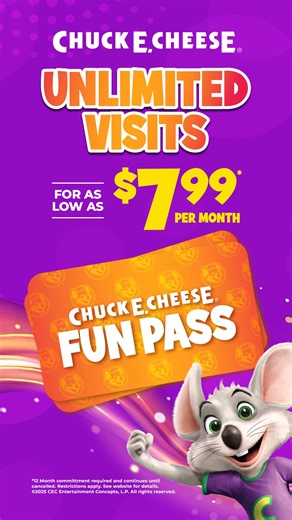 Score ultimate value and unlimited visits with Family Fun Pass at Chuck E. Cheese! 🙂 - Unlimited visits - All You Can Play Games - Food & Pepsi Fountain drink discounts - Pass holder exclusives - & More - every visit! | Chuck E. Cheese
