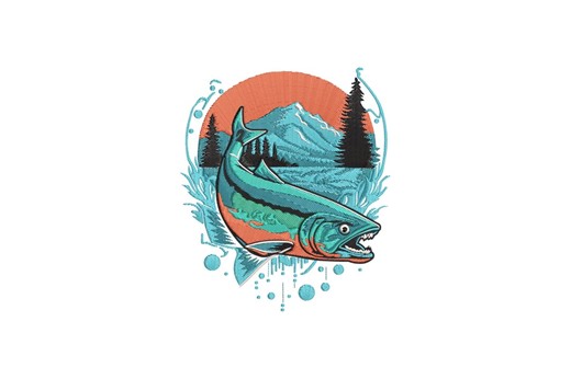 Vintage Salmon Fishing Embroidery Design, Salmon Fishing Machine Embroidery, 4 sizes, Instant Download