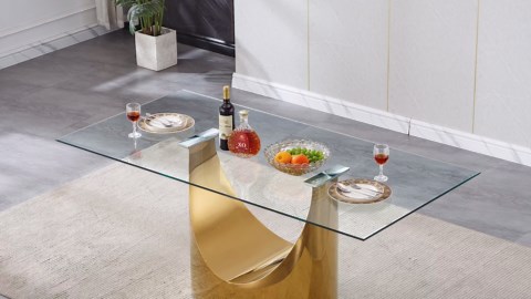 Modern 9 Piece Dining Table Set for 8, 70" Tempered Glass Table with U Shape Stainless Steel Base, Glass Dining Table Set for 8 with Grey Leather Chairs, Kitchen Dining Room Sets 8 for Dinette Party